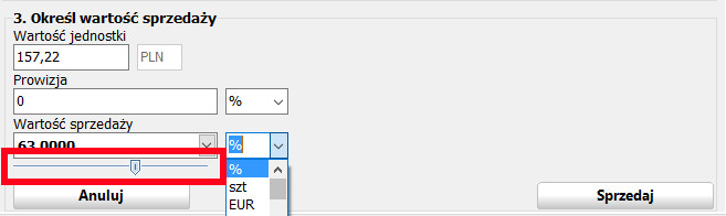 Suwak określający procentową wartość sprzedaży