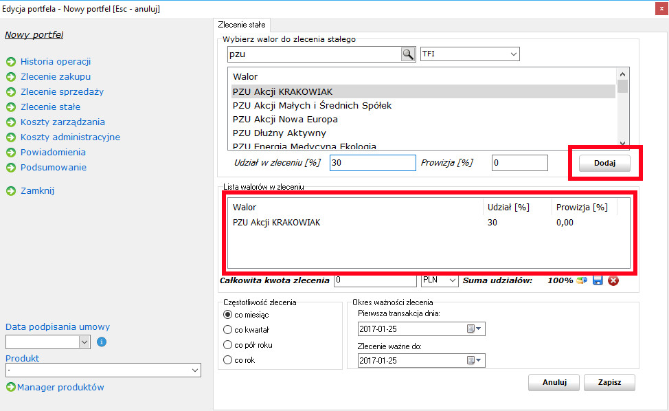 Lista walorów w zleceniu