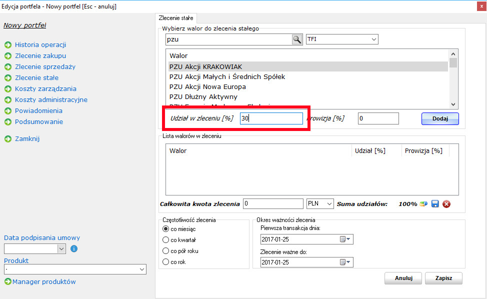 Alokacja funduszu w zleceniu