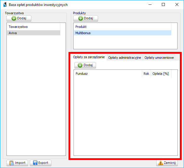 Okno definiowania opłat