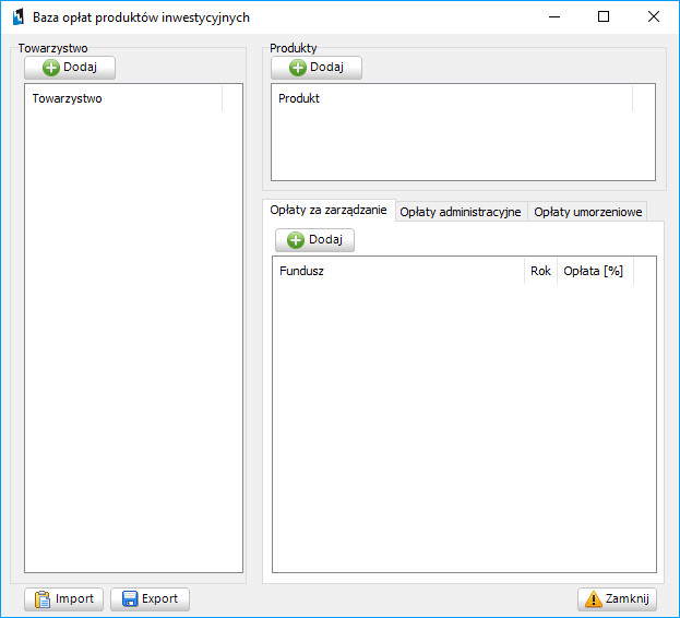 Okno główne managera produktów