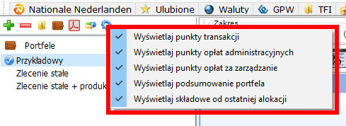 Menu opcje wyświetlania portfela
