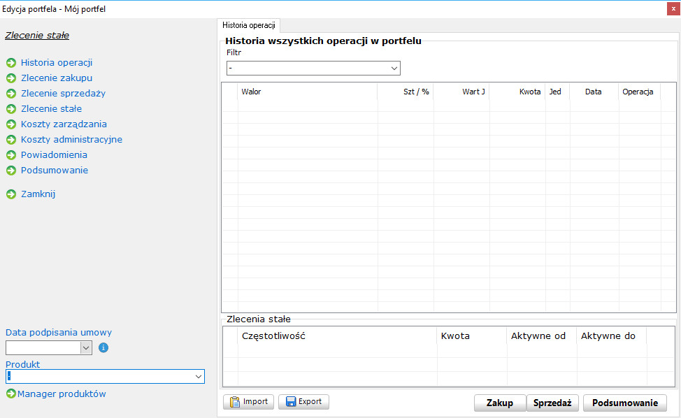 Okno edycji portfela