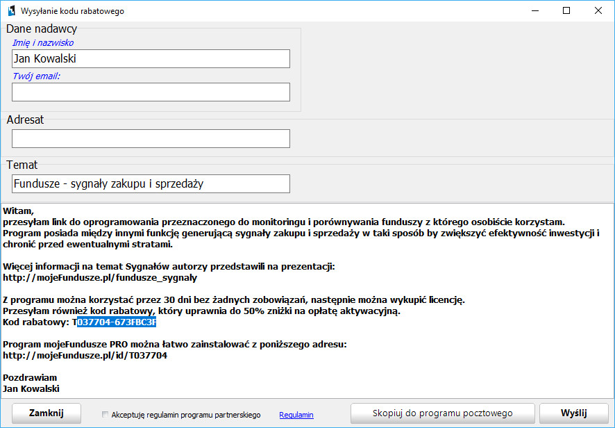 Program partnerski - wysyłka kodu polecającego